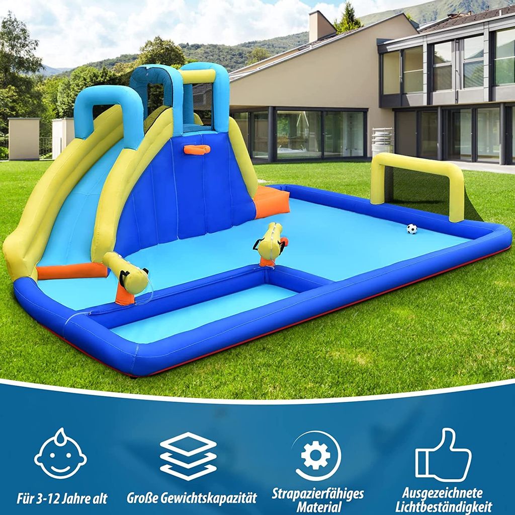 GOPLUS Aufblasbar Hüpfburg 526x373x203cm, Wasserpark mit Rutsch & Kletterwand & Wasserkanone & Fußballtor