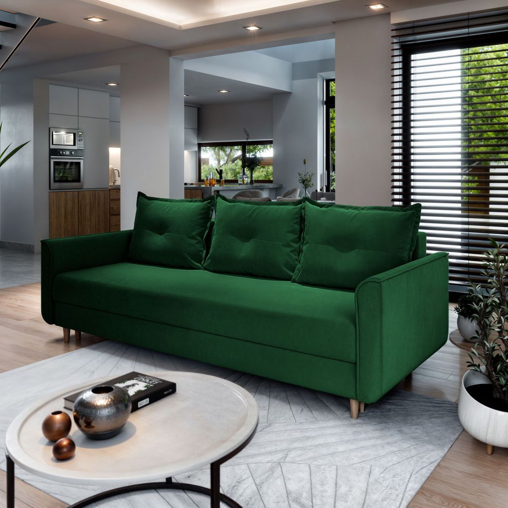 Sofa NAPOL Grün Plüsch-Stoff mit Schlaffunktion, Sofa mit Bettkasten, Sofa mit Bettkasten, Wohnzimmersofa, Couch, Soffa, Bettsofa, Couchgarnitur-...