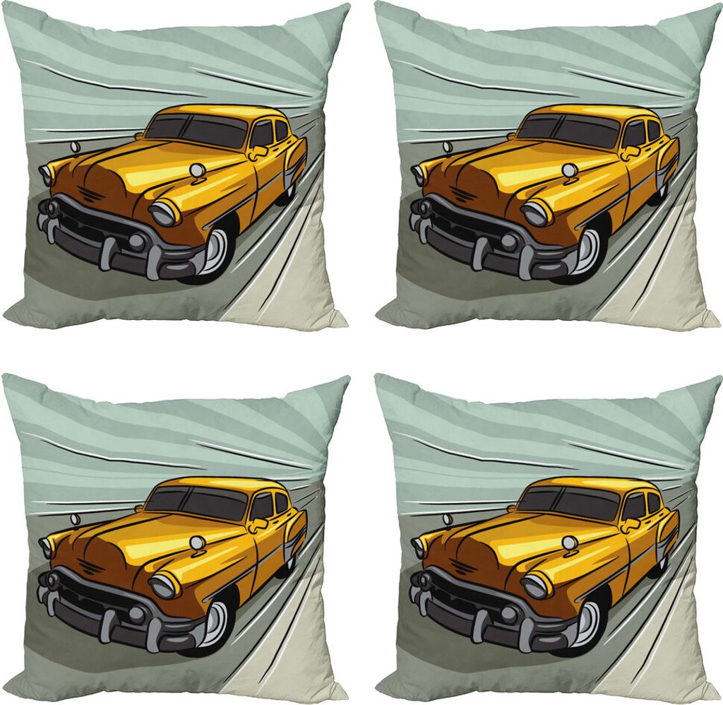 ABAKUHAUS Autos Kissenbezug Set (4 Stück), Yellow Fahrzeug Speeding, Moderner Doppelseitiger Digitaldruck, 50 cm x 50 cm, Reseda Grün Gelb Grau