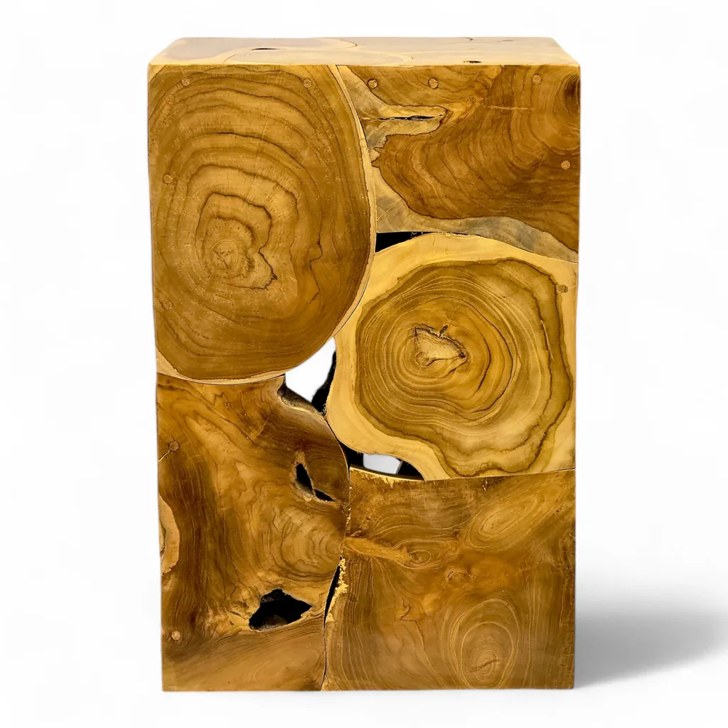 Table d'appoint artisanale en bois massif - Mosaïque géométrique unique