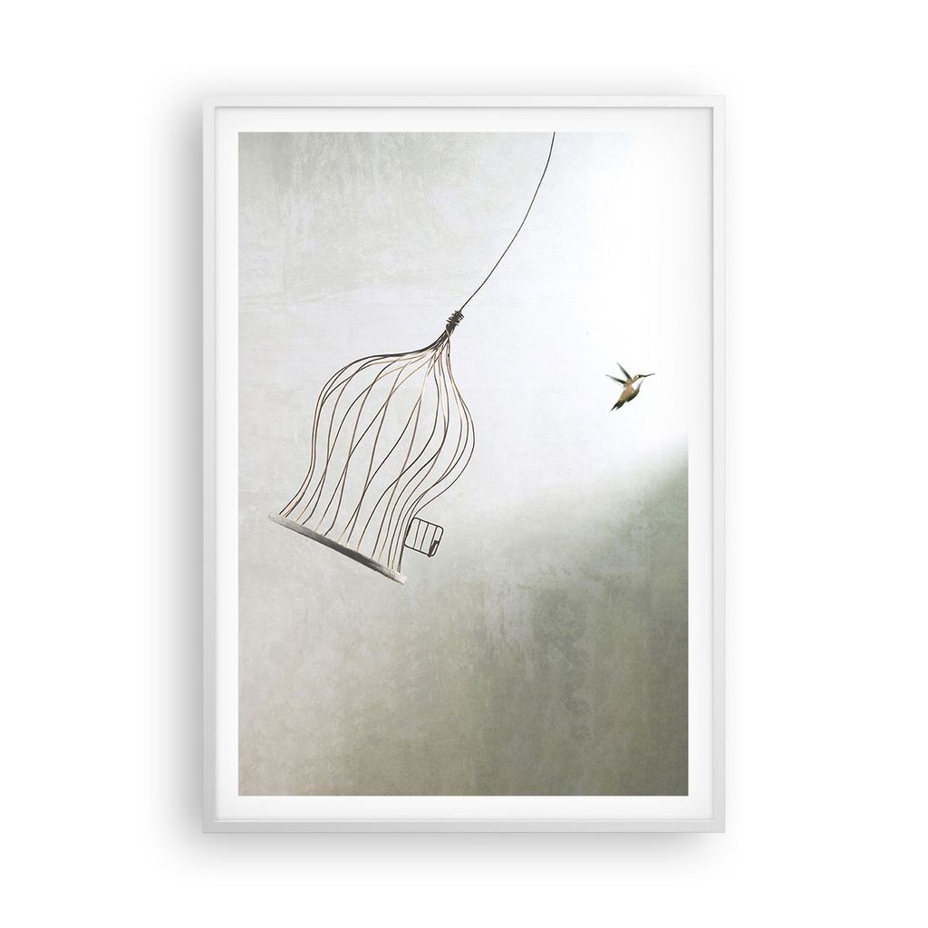Gerahmtes Poster - Weißer Rahmen - Flug Vogel Käfig - 70x100 cm - Wand Bild - Wanddeko - Wandbilder - Kunstposter - Wandposter - Bilderrahmen - B...