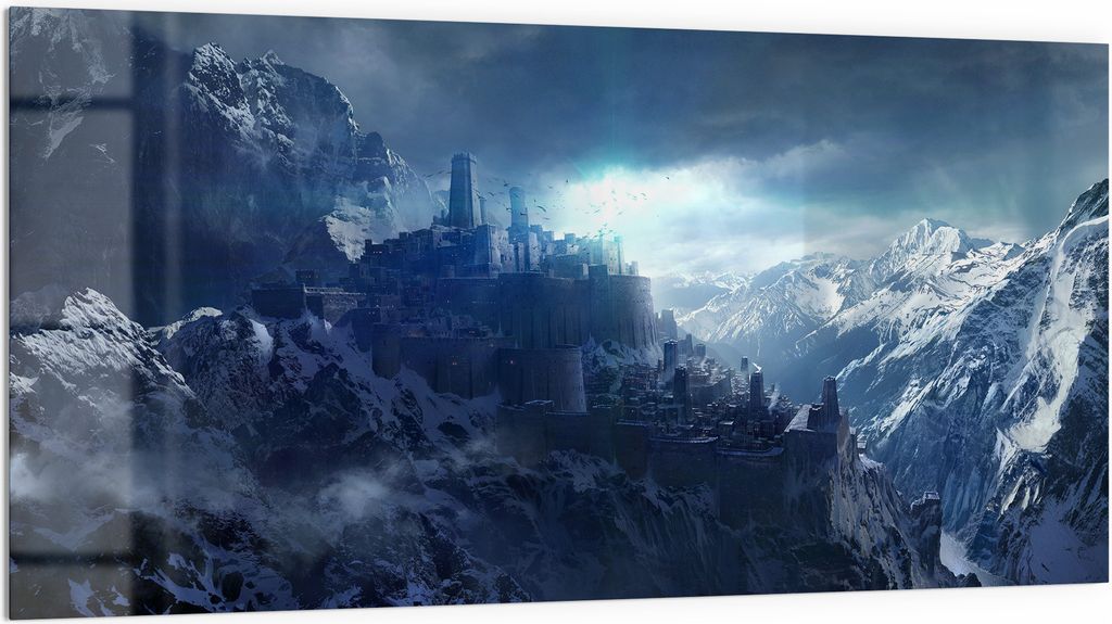 DEQORI Küchenrückwand Glas 100x50 cm 'Gipfel der Zukunft' Spritzschutz Bad Rückwand Küche