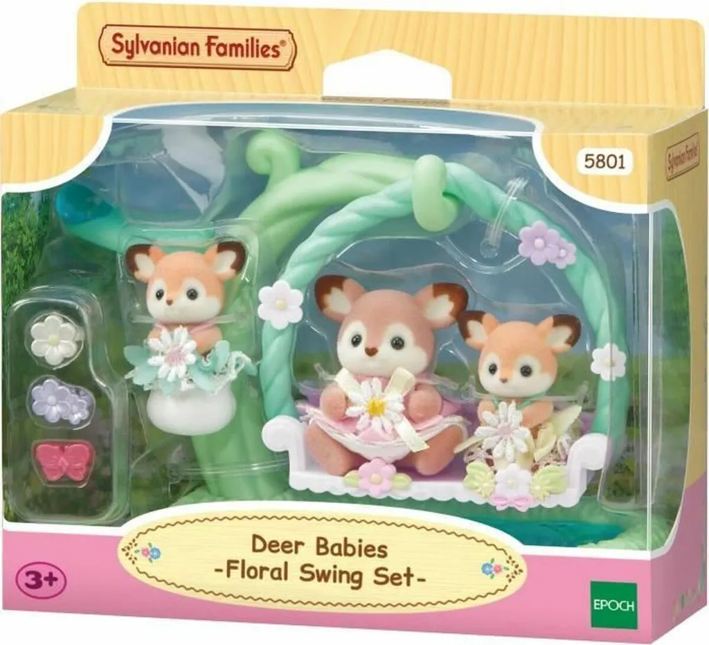 Bébé Cerf Sylvanian Families Articulé avec Balançoire de Jardin Rose
