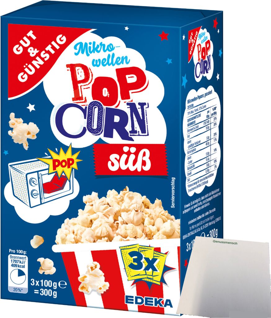 Gut & Günstig Mikrowellen Popcorn süß 1er Pack (3x100g Packung) + usy Block