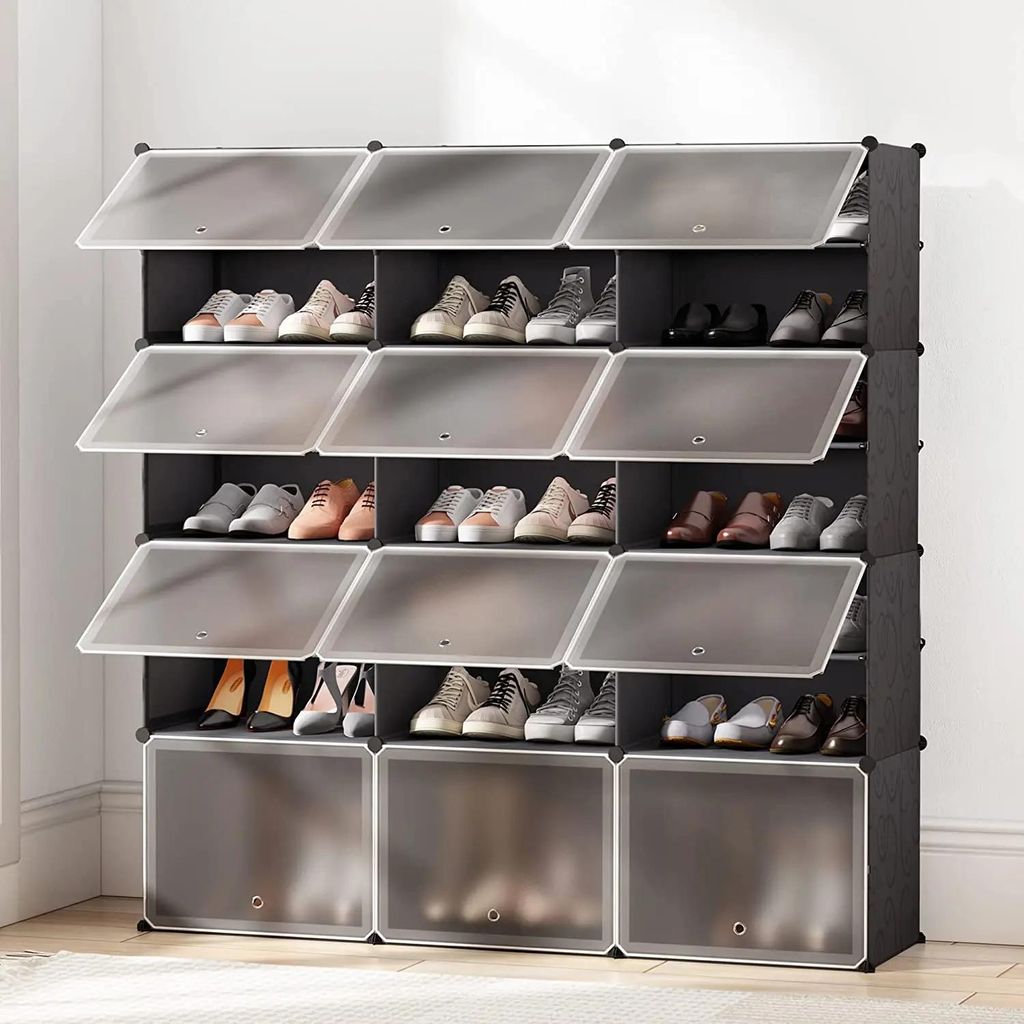Schuhschrank - Schuhregal/Kubensystem - 12 Türen, Transparente Fächer - Metallrahmen - Zum Selbstaufbau - Modern Minimalistisch - Schwarz