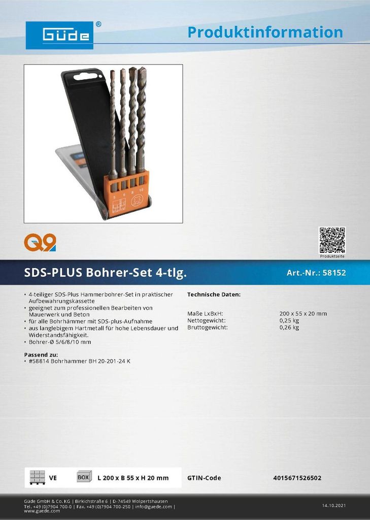 Güde SDS Plus Bohrer Betonbohrer Set 4-tlg. Ø 5/6/8/10 mm