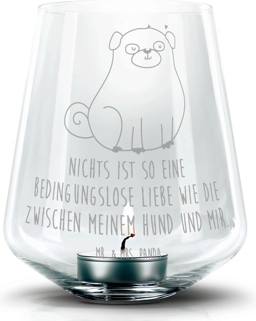Mr. & Mrs. Panda Teelichthalter Mops - Transparent - Geschenk, Knuffig, Hund, Glas Windlicht, Laterne mit Gravur, Sprüche, Kerzenhalter, Liebe, Pure