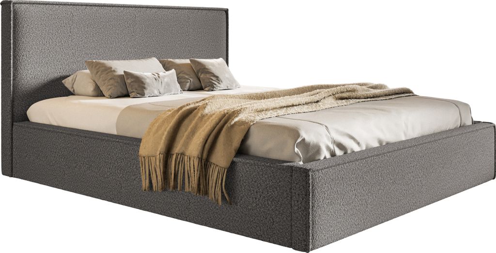 Doppelbett mit Bettkasten 160x200 Kyoto - Lattenrost, Kopfteil, Bouclé stoff, Dunkelgrau