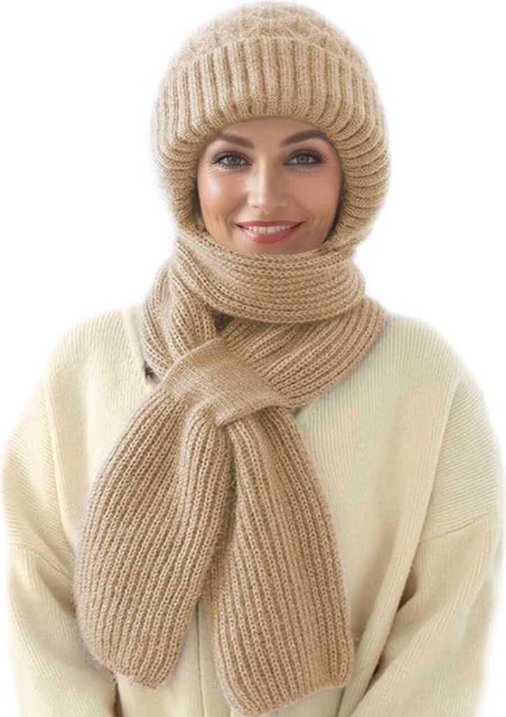 Winter Integrierter Gehörschutz Winddichte Mütze Schal - Damen 2-in-1 Wintermütze mit Kapuzenschal, Verdickt und Warm - Stilvolles Strickmützen...