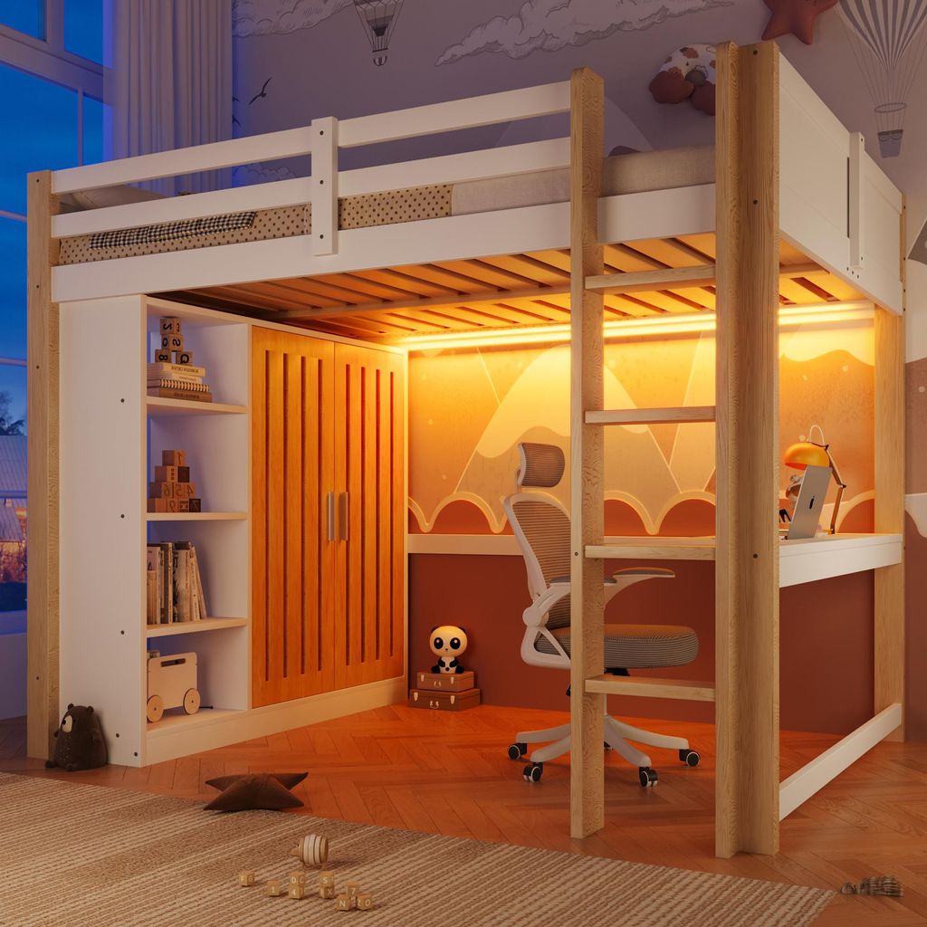 Hochbett, 140x200cm, Mit LED-Leuchten, Kleiderschrank, Regal, Schreibtisch, ohne Matratze, Wei?+Natur