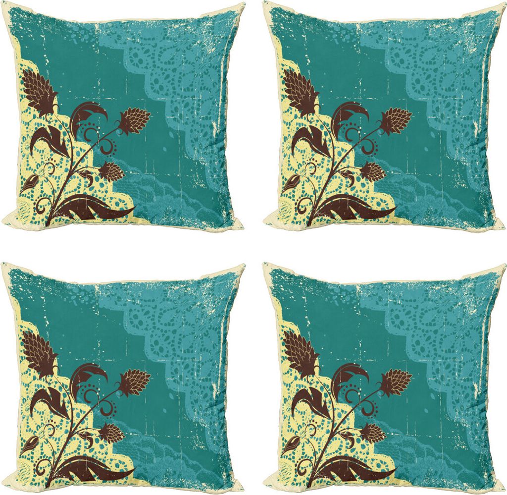 ABAKUHAUS Jahrgang Kissenbezug Set (4 Stück), Blume auf Lacework Alter, Moderner Doppelseitiger Digitaldruck, 45 cm x 45 cm, Blassgelb Dunkelbraun