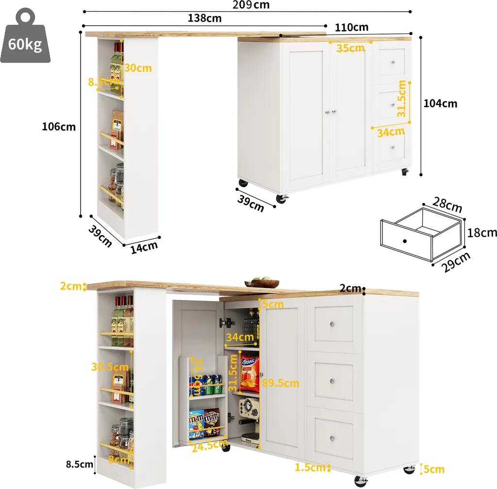 Table Pivotante 360° Extensible 209cm avec Commode de Rangement