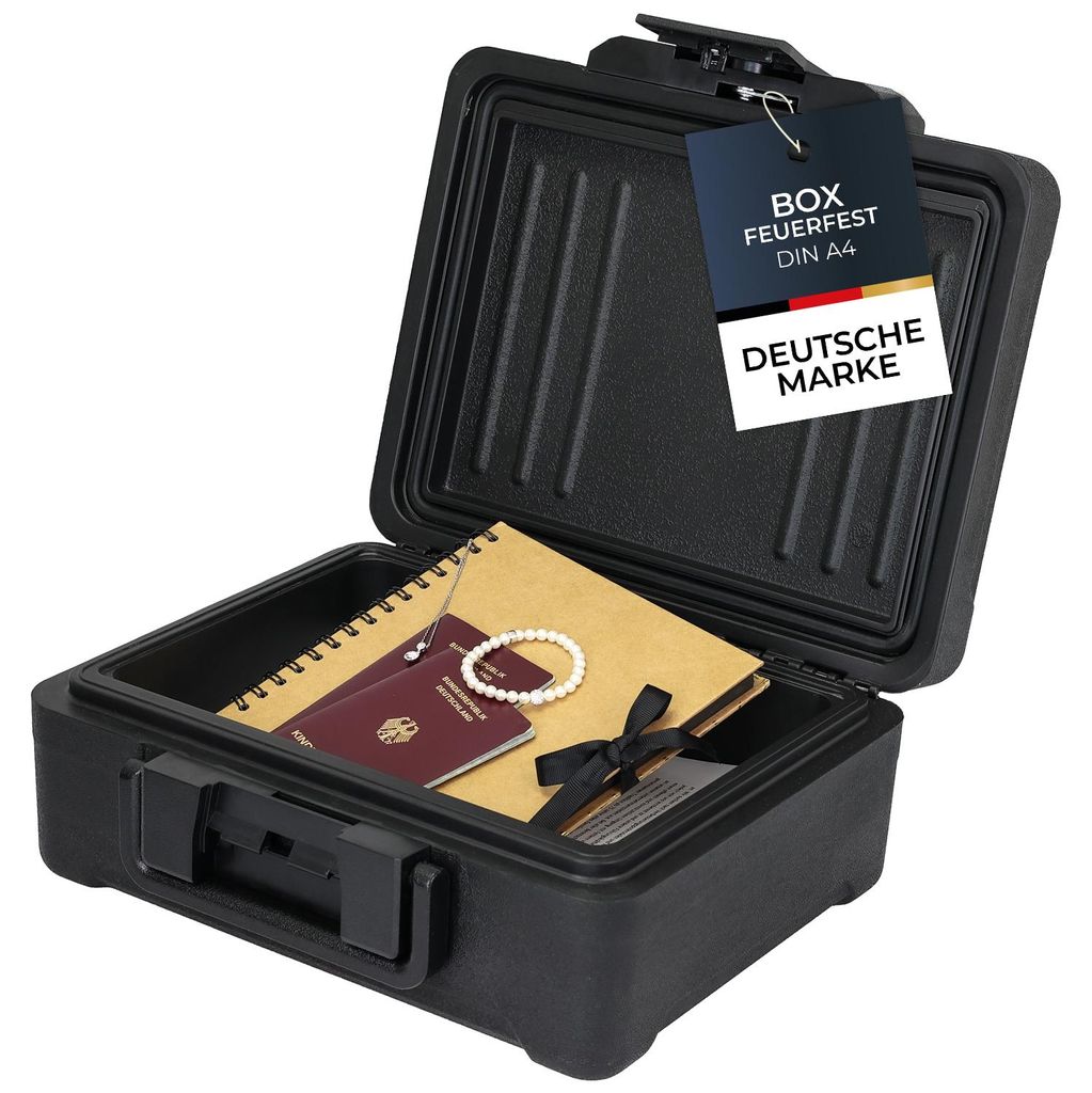 HMF Feuerfeste Wasserdichte Dokumentenbox DIN A4 15,5 x 36,5 x 28,5 cm in Schwarz