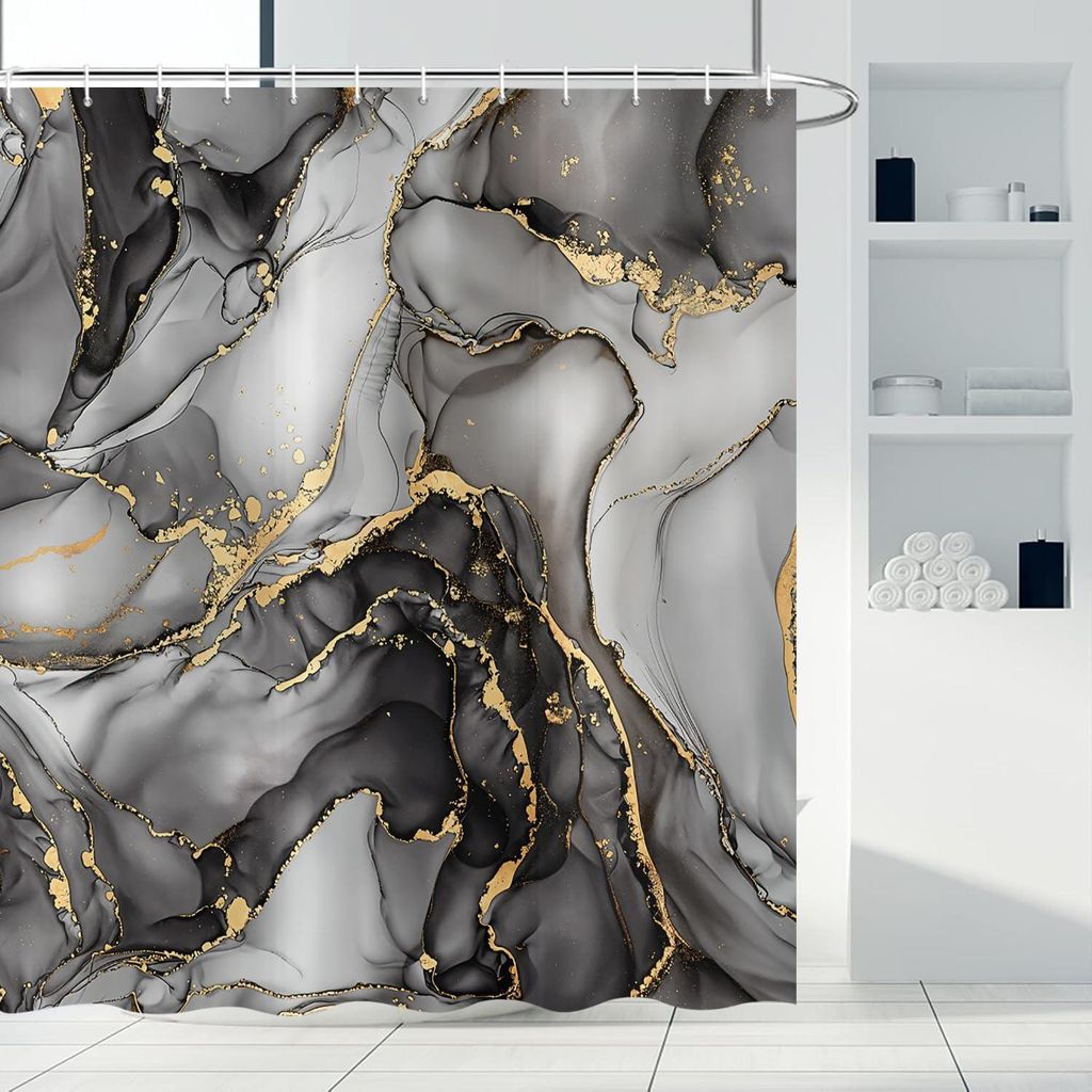 Schwarzer Marmor-Duschvorhang, 180x180 cm, modernes abstraktes Kunstdesign mit grauer, schwarzer und goldener Marmoroptik, wasserdicht, Polyesterge...