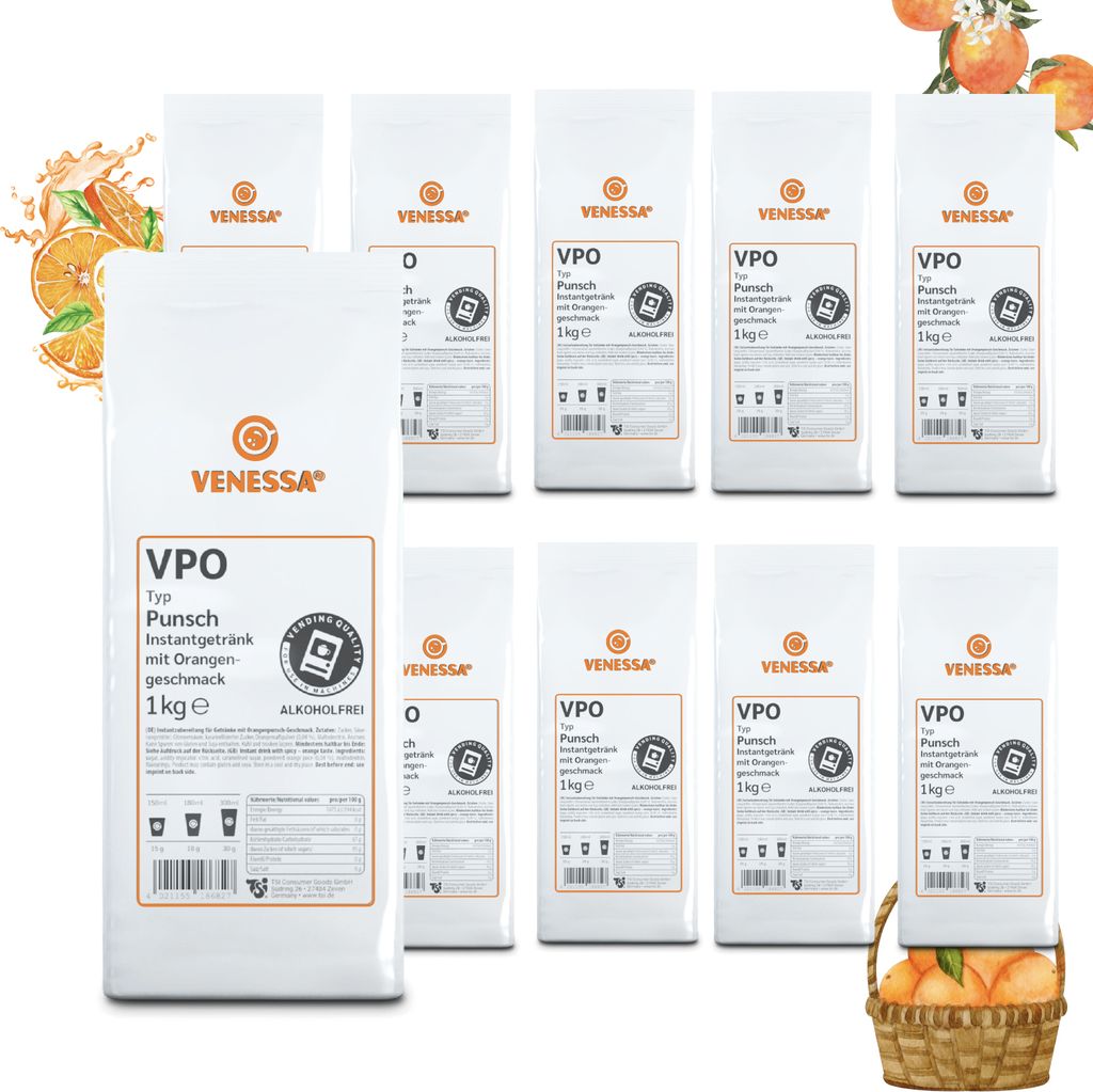 VENESSA Punsch Orange 10 x 1kg Instant Getränkepulver, Enthält fruchtiges Orangensaftpulver - für alle Vending Automaten