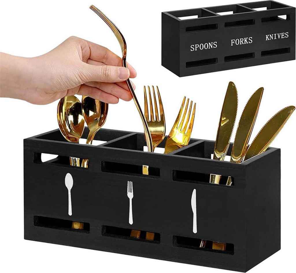 MODFU Küchenutensilienhalter, Holz Besteckkasten Organizer, Messer Gabel Löffel Aufbewahrung, 3-fach Besteckhalter, Küchen Utensilien Box, Rusti...