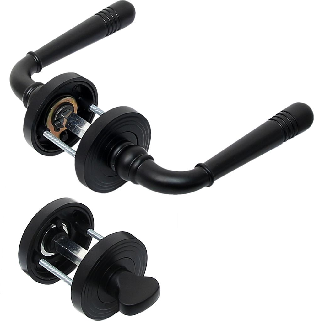 Two black door handles with their mounting hardware, shown against a white background.