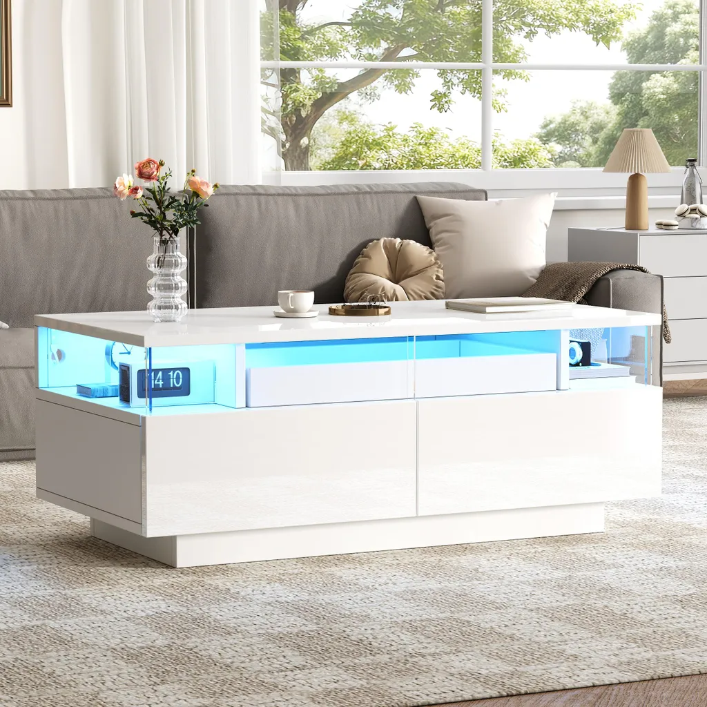 Table d'Appoint LED Multicolore App, Plateau Laqué et 2 Tiroirs Blancs