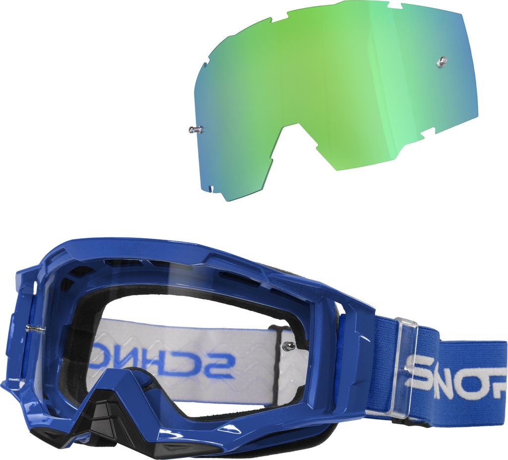 Schnorr MX Neo Blau - Motocross Brille | Transparentes Glas (S0), Anti-Fog, Tear-Off mit Wechselglas verspiegelt Grün