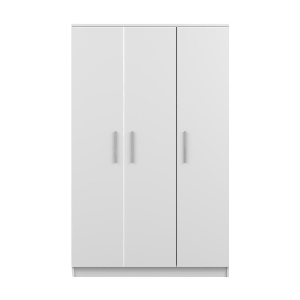A white wardrobe with three doors and silver handles, presented against a white background.