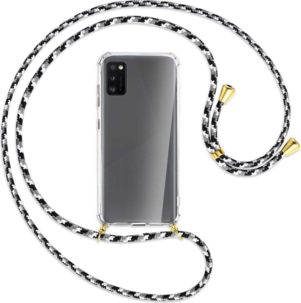 Handykette Backcover-Schutzhülle mit Band (Metall goldfarben) für Samsung Galaxy A41 (A415) - schwarz/grau/weiß