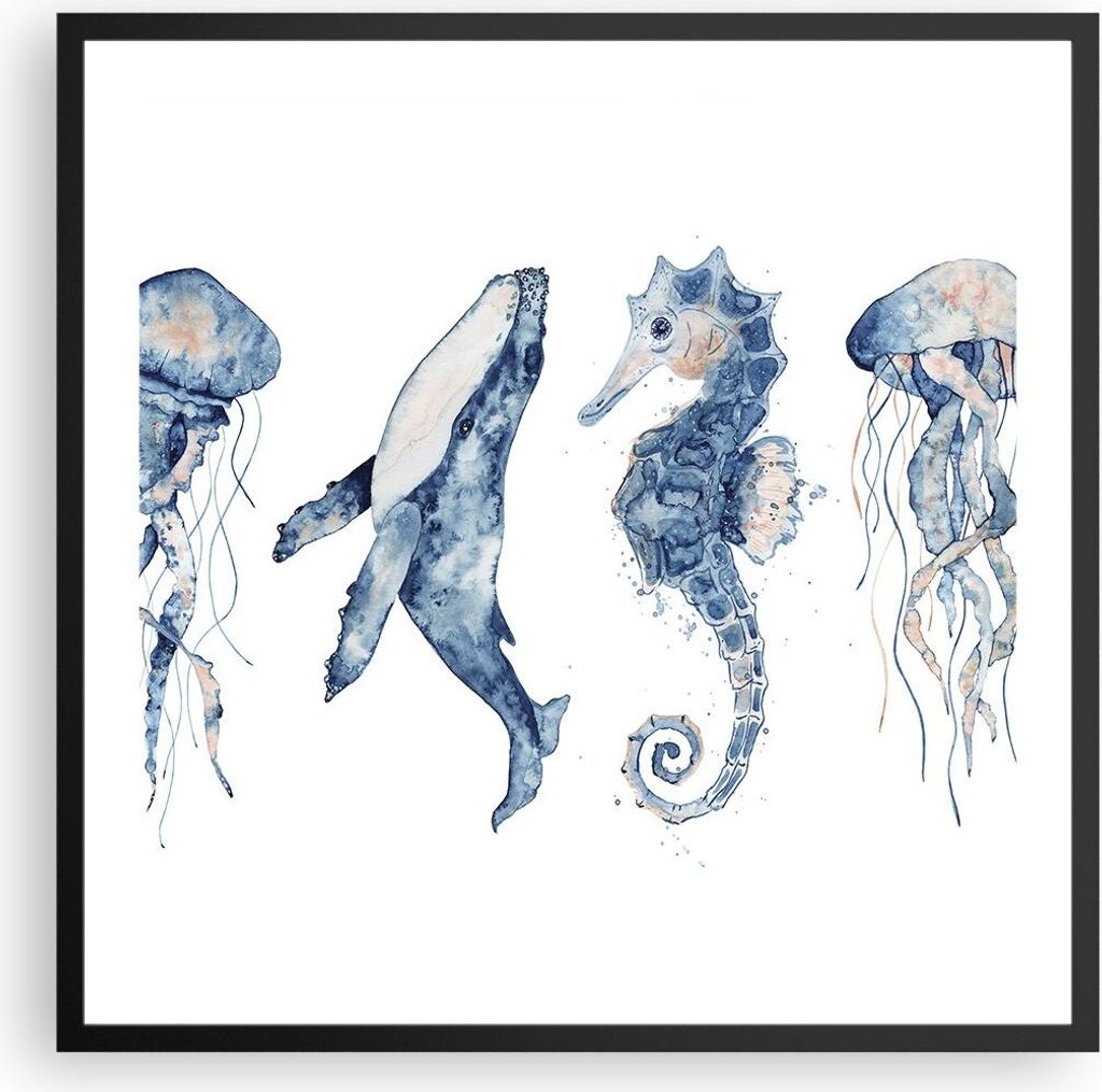 Gerahmtes Poster - Schwarzer Rahmen - Tiere Marine Kinder - 60x60 cm - Wand Bild - Wanddeko - Wandbilder - Kunstposter - Wandposter - Bilderrahmen ...
