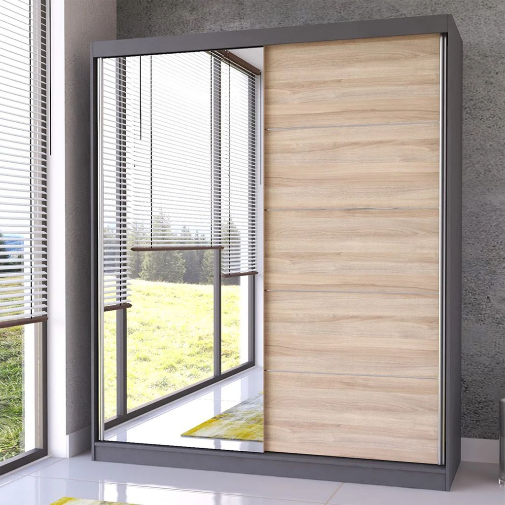 Schwebetürenschrank mit Spiegel in Grau/Sonoma Eiche
Breite:	183 cm
Höhe: 218 cm	
Tiefe: 61 cm
