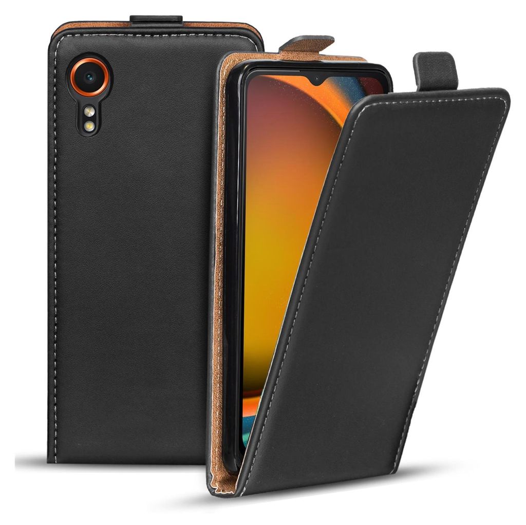 A black flip case for a smartphone is shown, with the phone partially visible inside.