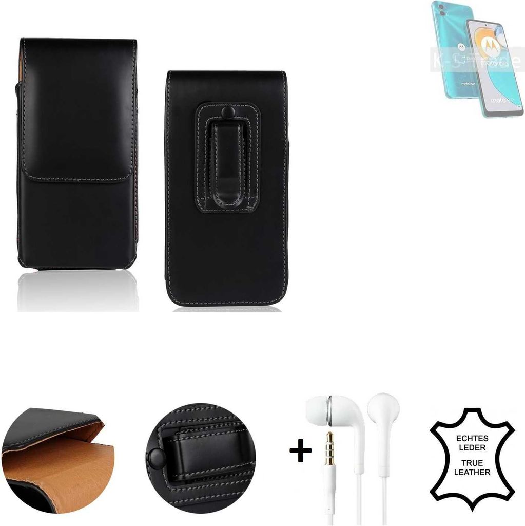 K-S-Trade Leder Gürteltasche + Kopfhörer kompatibel mit Motorola Moto E22s Seitentasche Belt pouch Holster Handyhülle Schutz Hülle Etui schwarz 1x