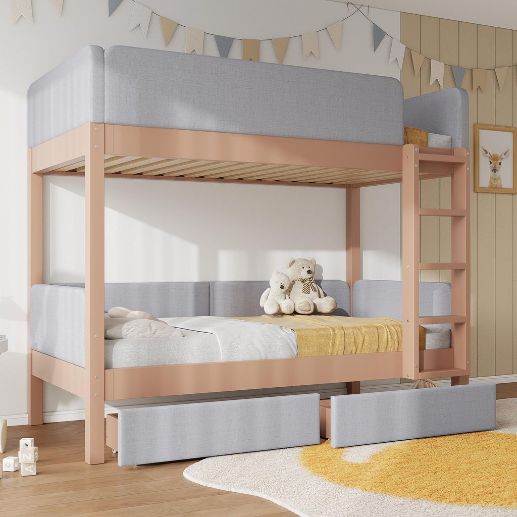 Flieks Etagenbett 90x200cm mit 2 Schubladen, Kinder Hochbett mit Leiter, Kinderbett Einzelbett mit Lattenrost und Rausfallschutz für 2 Kinder, Grau