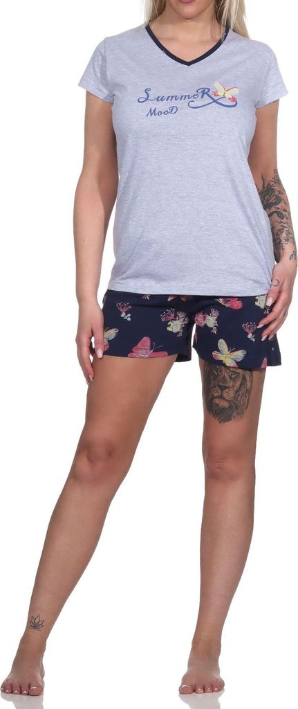 Normann Damen kurzarm Shorty Schlafanzug mit Schmetterling als Motiv - auch in Übergrössen ; grau-mel. , 48