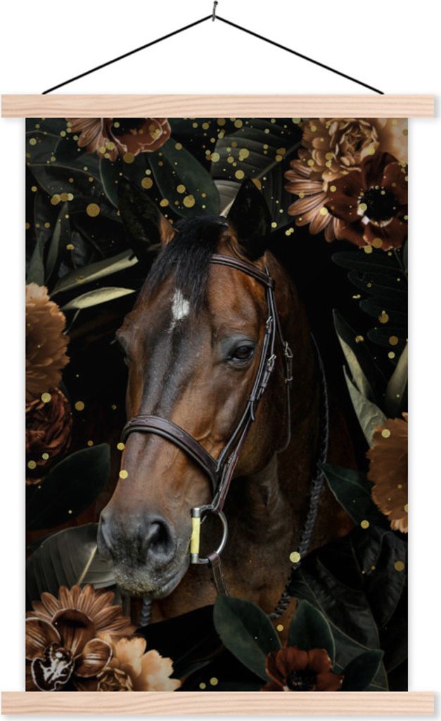 MuchoWow Textilposter Pferd - Pflanzen - Blumen 60x90 cm mit holzfarbenen Rahmen - Textil