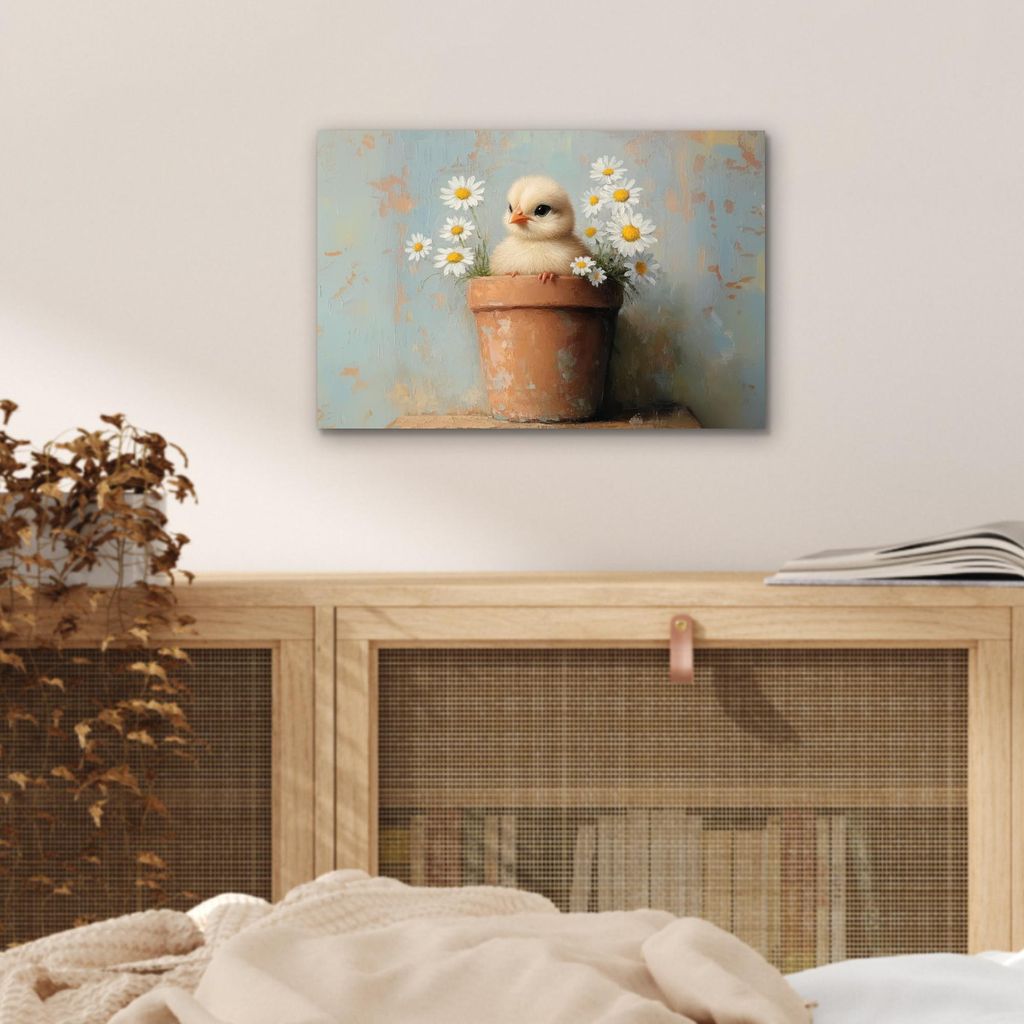 MuchoWow Wanddekoration Metall Metallbild Wandkunst 30x20 cm Blumentopf - Küken - Blumen MuchoWow Aluminium Gemälde - Aluminiumgemälder