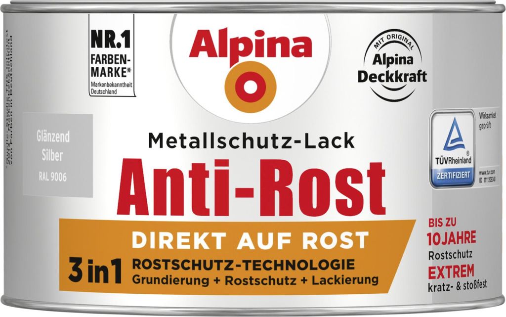 Alpina Metallschutz-Lack Anti-Rost 300 ml silber glänzend Produktbild 