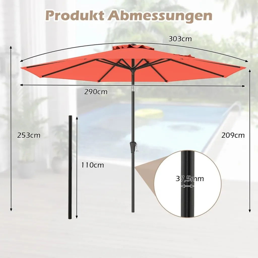 Grand parasol de jardin rond 3m orange avec système d'inclinaison réglable