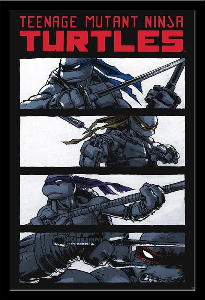 Poster TMNT Comics Noir et Blanc avec Cadre Maxi MDF Shinsuke Noir