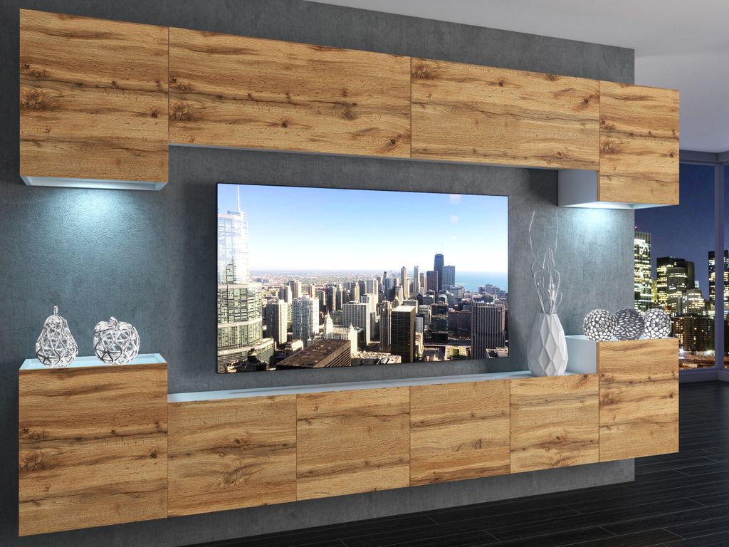 Wohnwand Anbauwand Schrankwand Hängeschrank Mediawand Möbelwand Wohnzimmer Hängeschrank TV Möbel | Imperium 4 | Wotaneiche