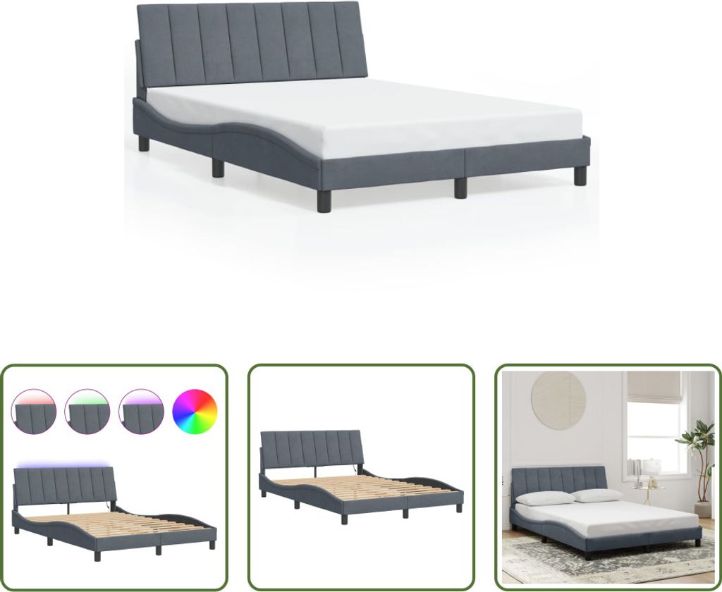 The Living Store Bettgestell mit LED-Leuchten Dunkelgrau 140x200 cm Samt