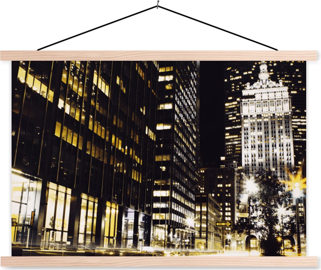 MuchoWow Textilposter New York - Lampe - Nacht 120x80 cm mit holzfarbenen Rahmen - Aufhängeset