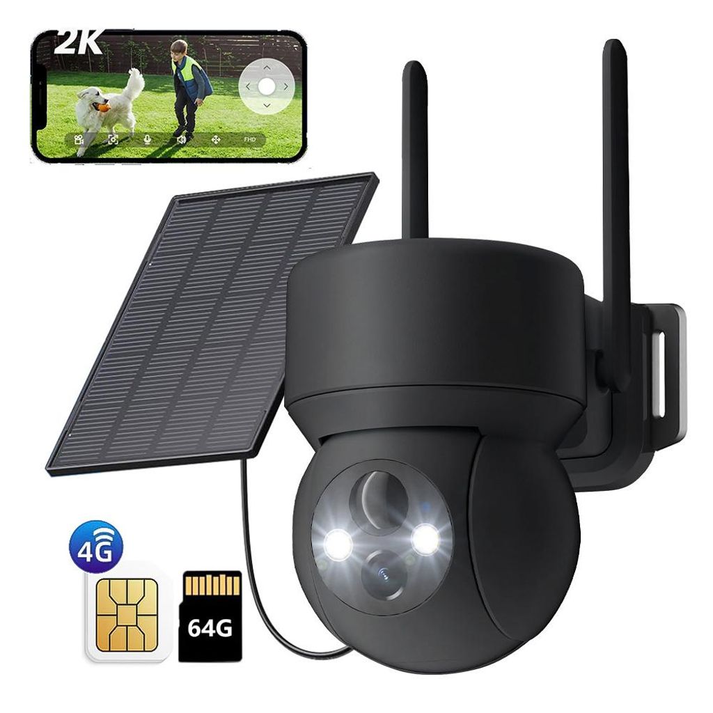 4G LTE Überwachungskamera Aussen Solar mit SIM Karte & 64G Karte Ohne WLAN 2K PTZ Kabellos IP Kamera Outdoor Ohne WLAN PIR Erkennung Farbe Nachtsicht