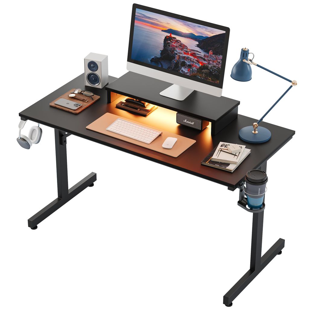 Bestier Gaming Schreibtisch 107cm klein mit LED, Gaming Tisch, Headset-Haken & Becherhalter, Computertisch