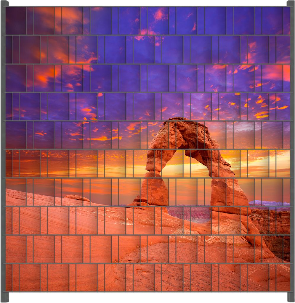 Wallario Zaunsichtschutz mit Motiv Steinbogen vor einem farbenfrohen Himmel in lila-rot für Ein- und Doppelstabmatten Zäune in der Größe 200 x ...