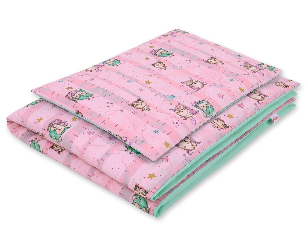 Doppelseitige 2-teilige Kinderbettwäsche aus Baumwolle - rosa und mintfarbene Eulen