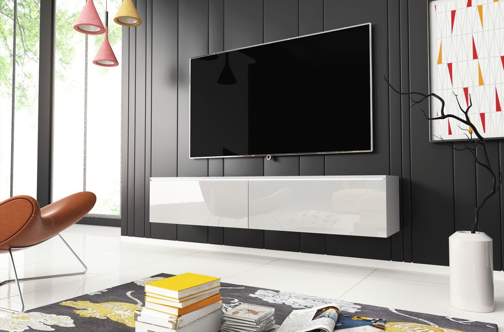 TV-Lowboard DONNA TV-Schrank Weiss glanz/Weiss farbe 140 cm Produktbild 