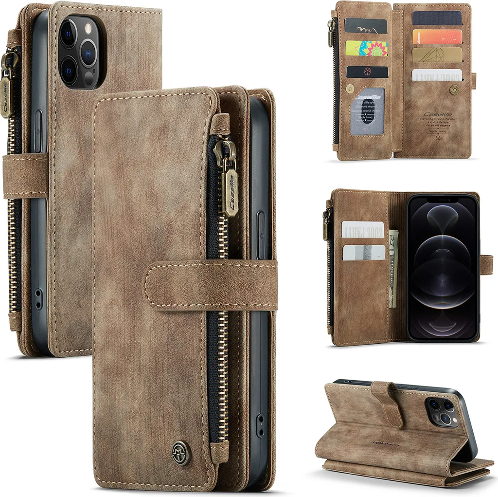 iPhone 12 Pro Max Custodia Marrone: Portafoglio con Zip Porta Carte