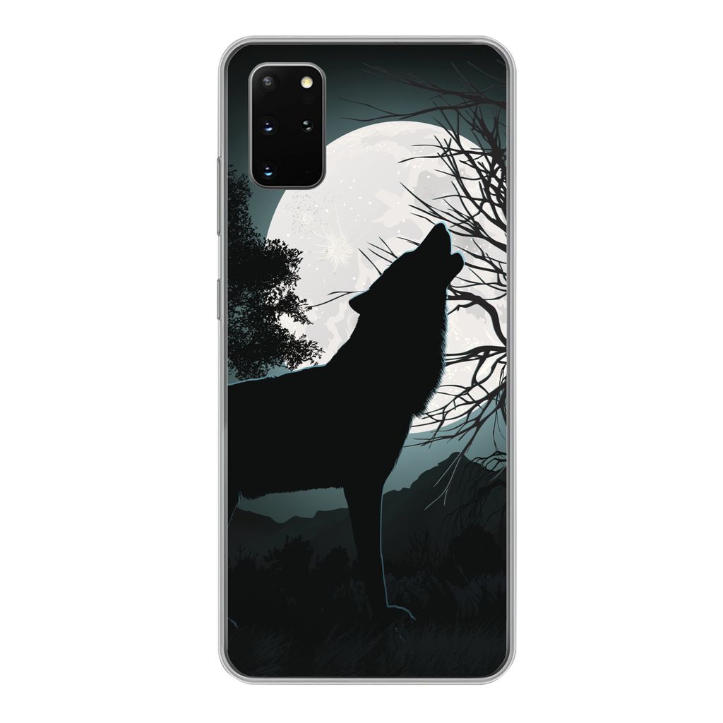 MuchoWow Handyhülle Schutzhülle Hülle für Samsung Galaxy S20 Plus Wolf - Scherenschnitt - Mond Silikon Softcase Handy Hülle - Hartschale