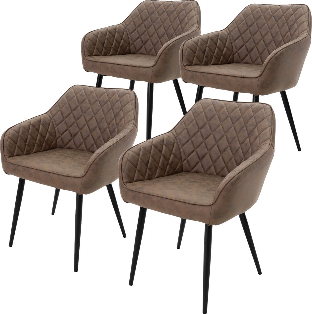 Four brown dining chairs with diamond-stitched upholstery and black metal legs are arranged on a white background.