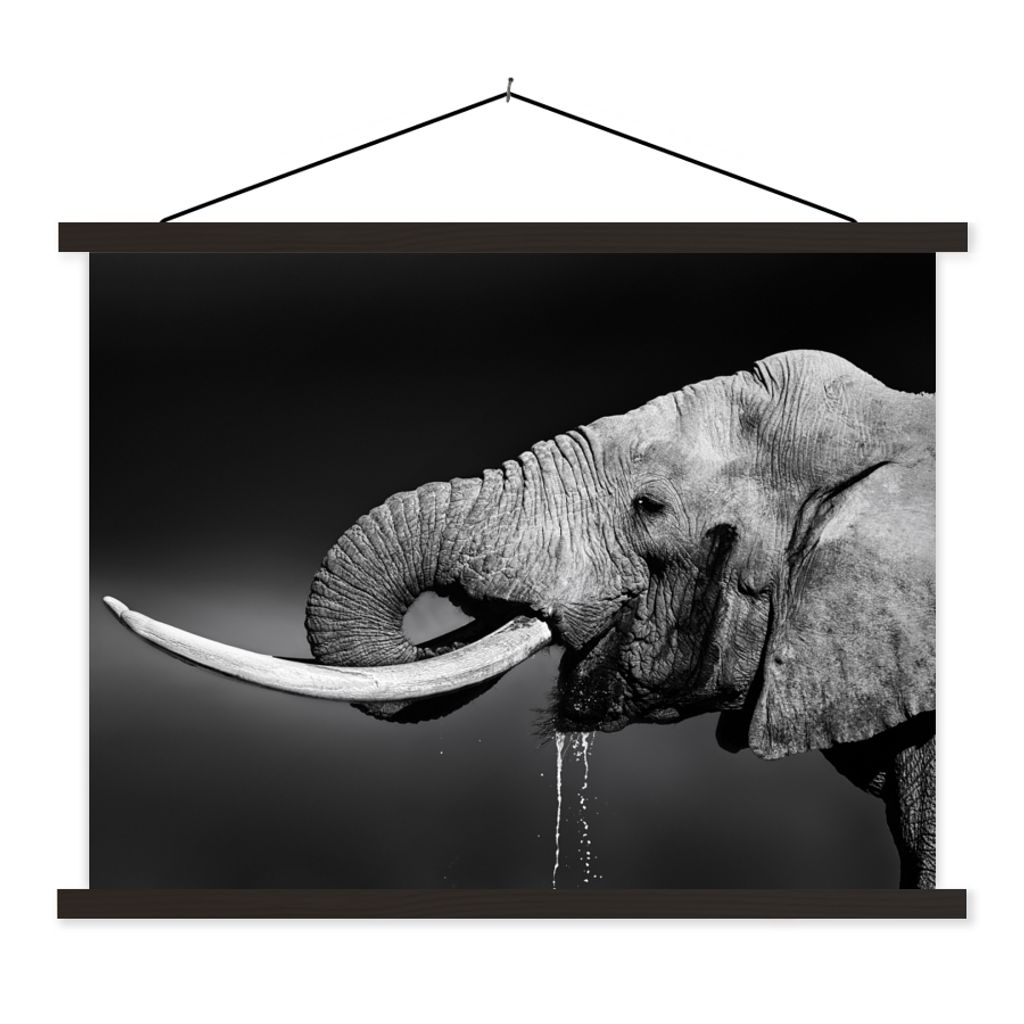 MuchoWow Textilposter Elefant - Wasser - Tiere - Schwarz - Weiß 60x45 cm mit schwarzem Rahmen - Poster Schlafzimmer