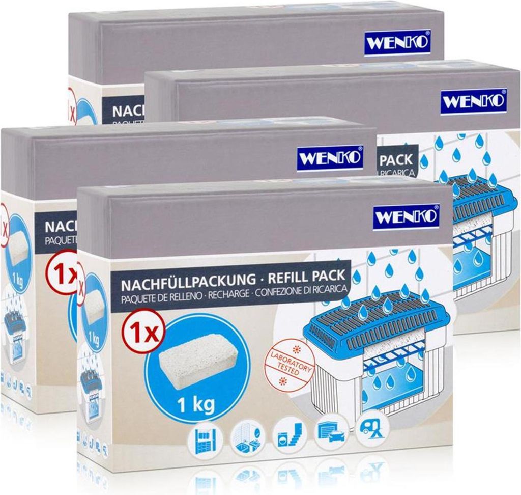 A collage of four packages of Wenko refill packs for a moisture killer.