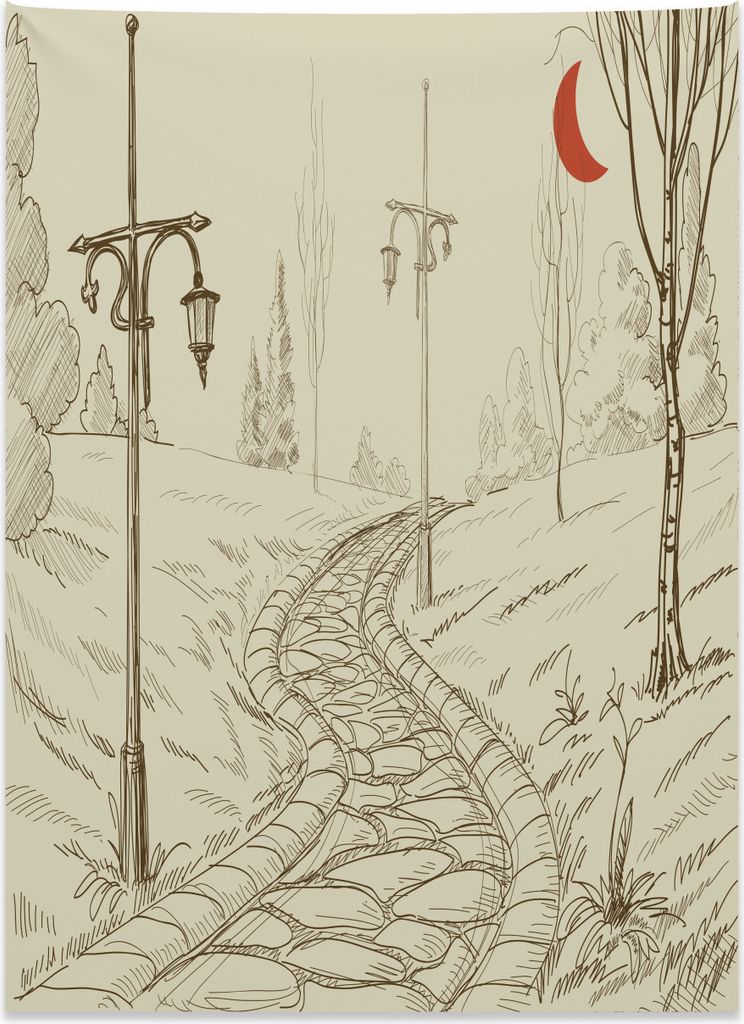 Abakuhaus Landschaft Wandteppich, Sketchy Park Alley aus Weiches Mikrofaser Stoff Kein Verblassen Klare Farben Waschbar, 110 x 150 cm, Beige Rot